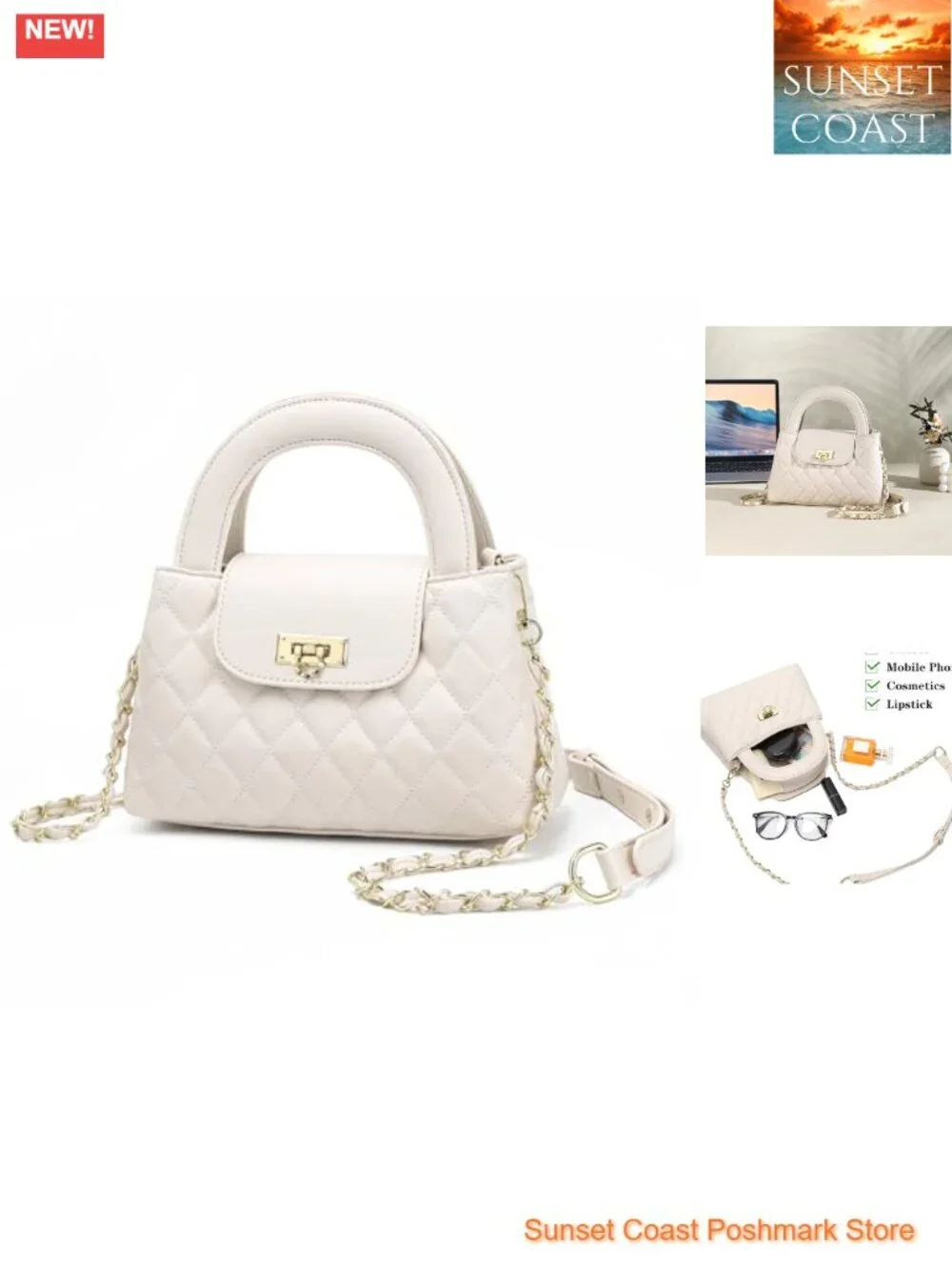 Small Quilted Crossbody Purse Faux Leather Top Handle Bag with Chain Strap